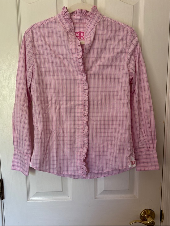 Ravi Ratan Tops - Pink, White, & Blue Plaid 100% Cotton Button-Down Shirt with Ruffle Detail ~ Med